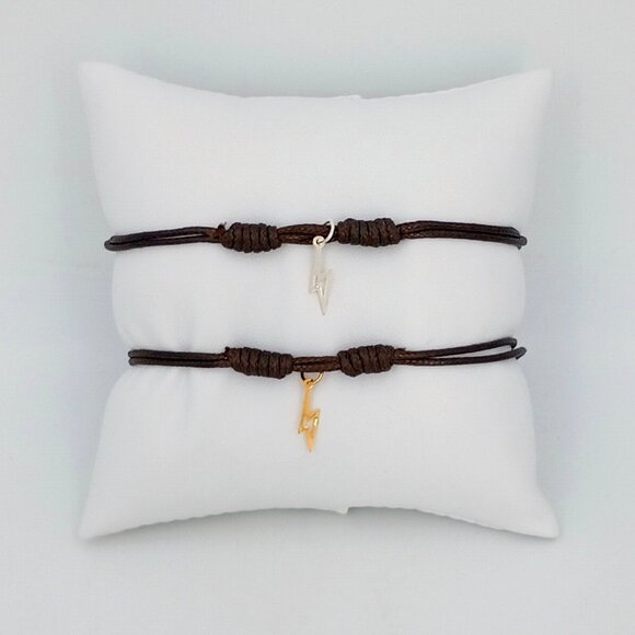 Lightning Bolt Bracelet Adjustable Gold or Silver Charm, Silky Brown Cord - Picture 1 of 4